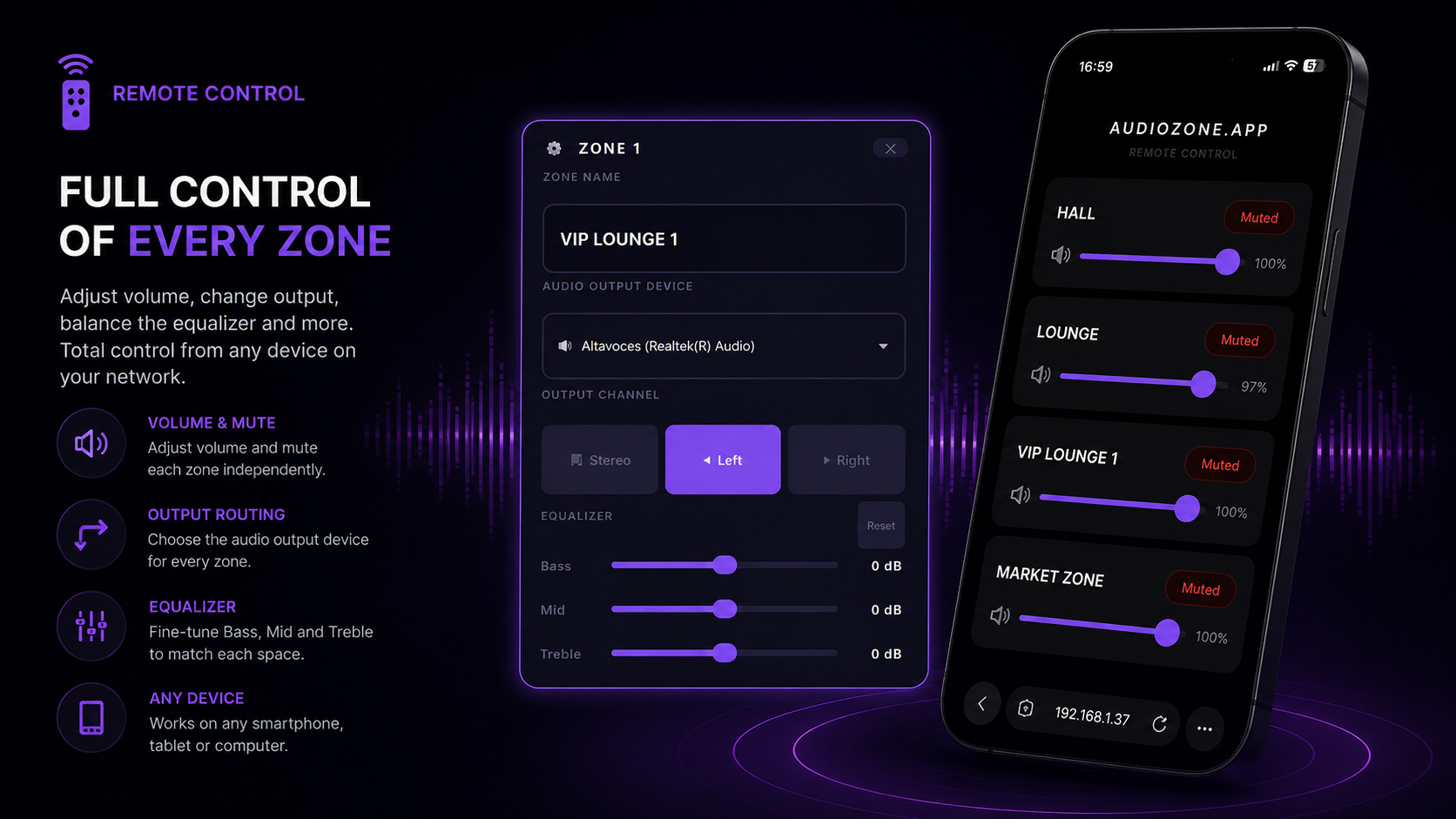 Per-zone 3-band equalizer and L/R channel routing in AudioZone.app — bass, mid and treble controls for each audio zone