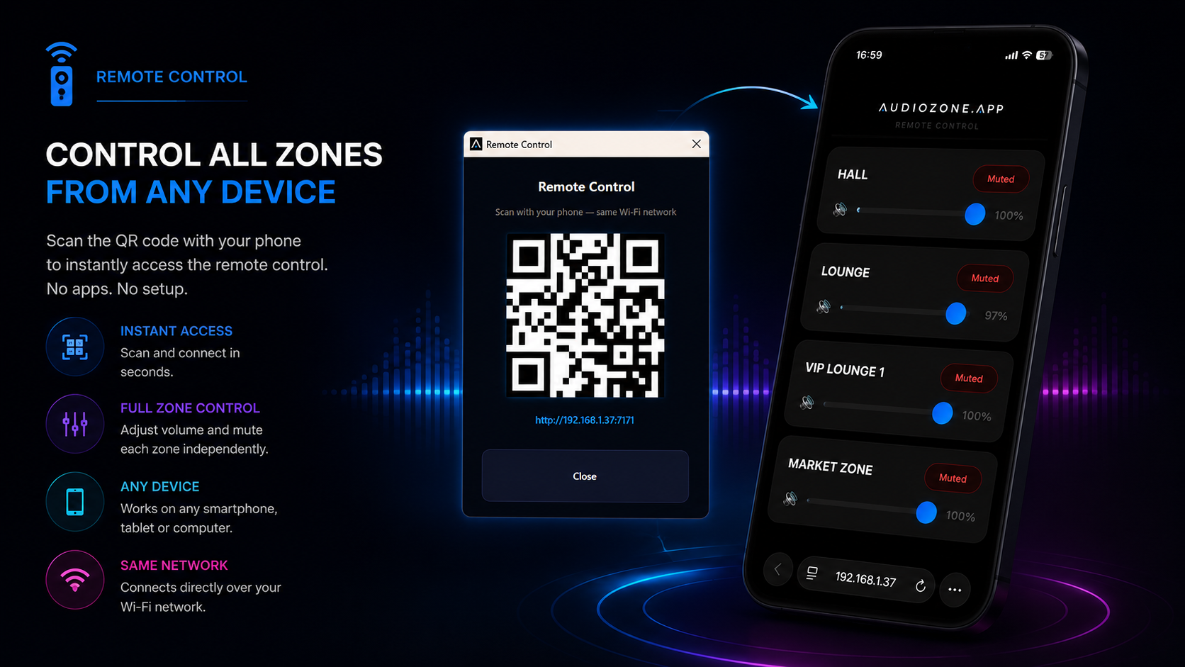 Phone remote control for AudioZone.app — control audio zones volume and mute from any smartphone