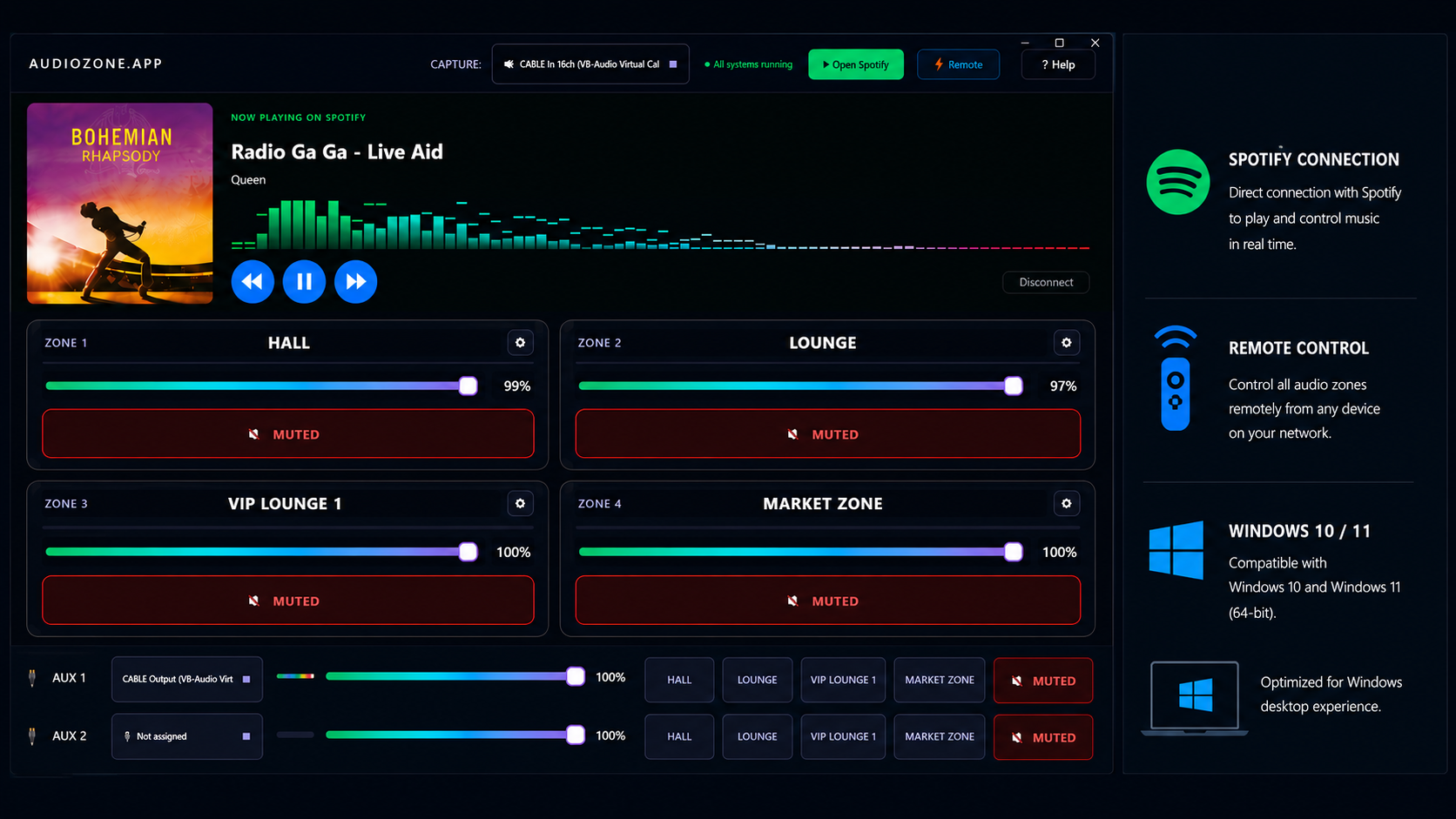 AudioZone.app multi-zone audio software for Windows 10/11 — 4 independent zones with Spotify integration and remote control